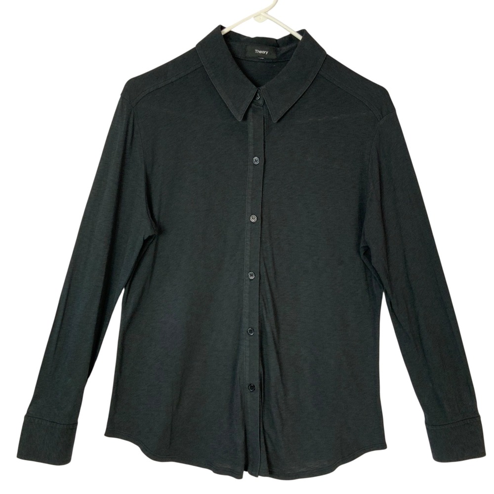 Theory Riduro R Sorena Slub Button Down Shirt Long Sleeve Collared Black Pima L